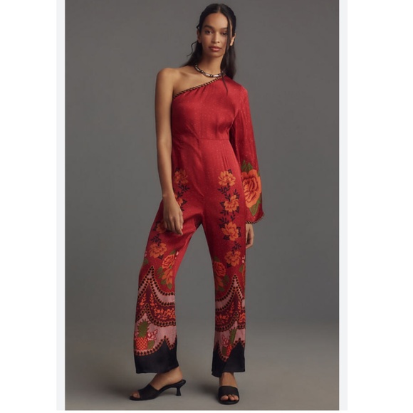 FARM RIO X ANTHROPOLOGIE ONE-SHOULDER PRINTED SATIN JUMPSUIT - Picture 1 of 14
